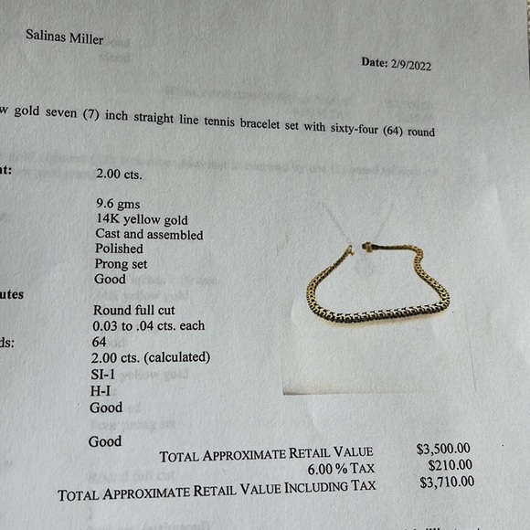 2 carat. Diamond tennis bracelet. 14 K yellow gold. 7 inch straight line. - Picture 8 of 8